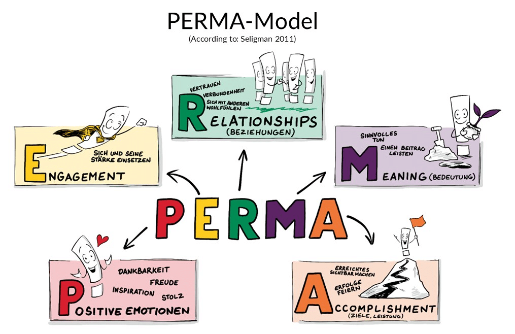 PERMA stands for Positive Emotions, Engagement, Relationships, Meaning and Accomplishment — the five central dimensions of flourishing and wellbeing.